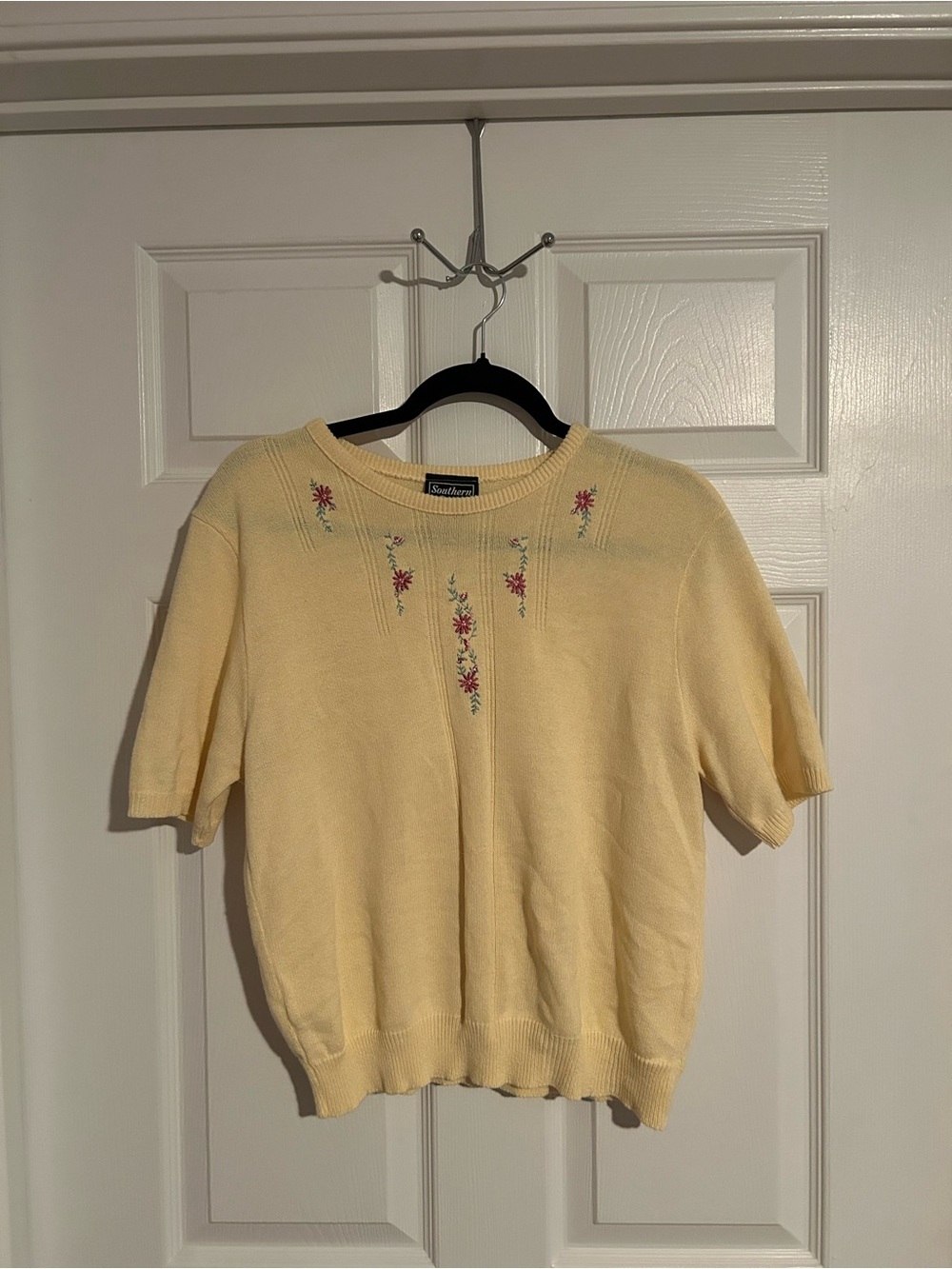 Southern Lady Cream Knit Sweater with Pink Floral Embroidery